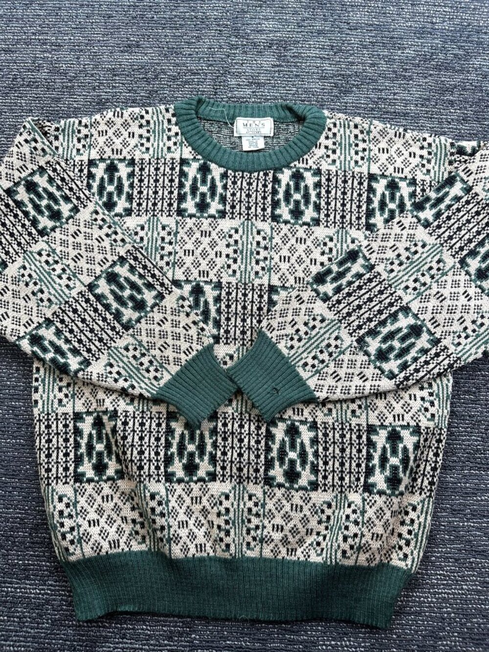 Sears Mens Store Vintage 90s Crewneck Sweater M Green Geometric Knit Acrylic